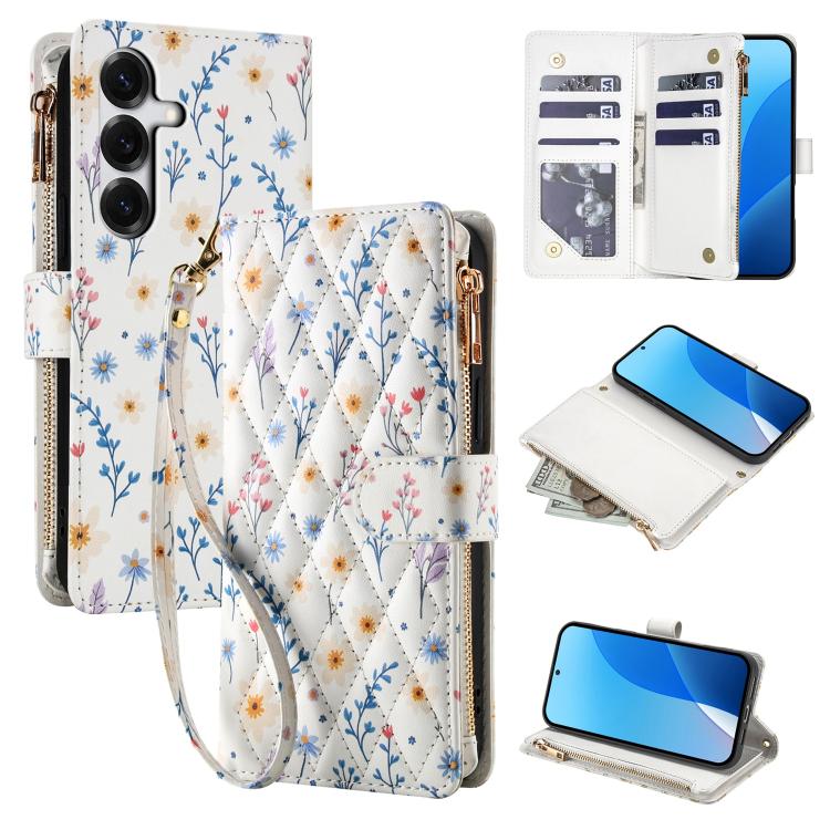 For Samsung Galaxy S26 5G Flower Pattern Zipper Wallet Vegan Leather Phone Case with Lanyard(Blue Flowers)
