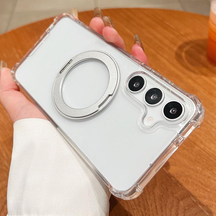 For Samsung Galaxy S26 5G Four Corner Shockproof Space Magnetic Phone Case with 360 Degrees Rotating Holder(Transparent)