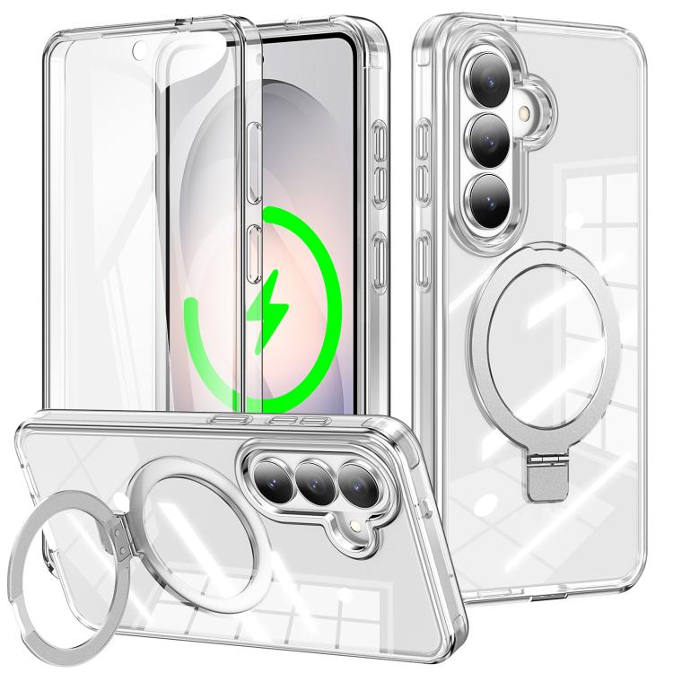 For Samsung Galaxy S26 5G Frosted Magnetic Holder Phone Case with Screen Protector(Glossy Transparent)