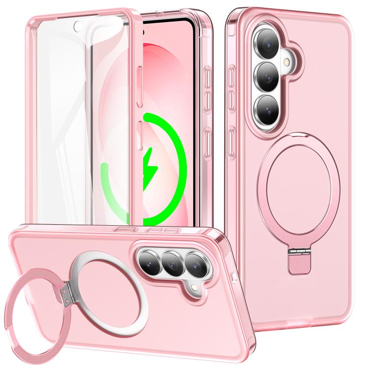 For Samsung Galaxy S26 5G Frosted Magnetic Holder Phone Case with Screen Protector(Pink)