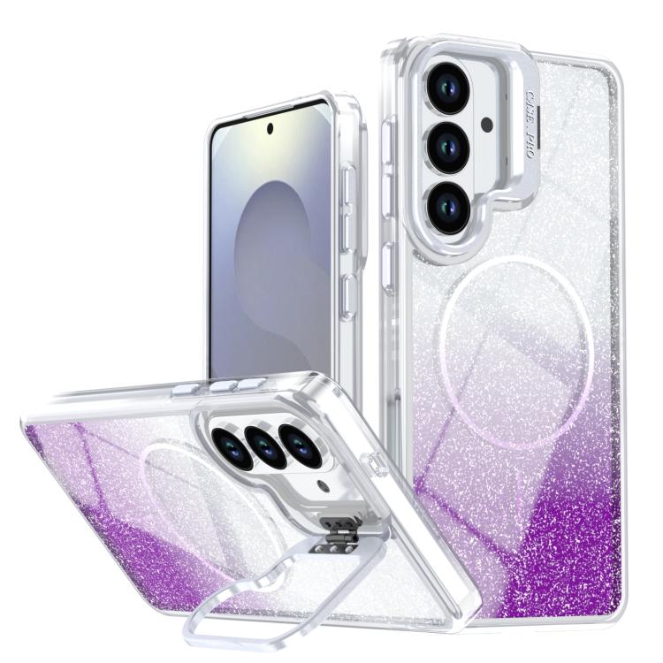 For Samsung Galaxy S26 5G Glitter Gradient Magnetic Lens Frame Holder Phone Case(Purple)