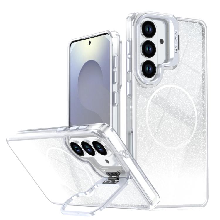 For Samsung Galaxy S26 5G Glitter Gradient Magnetic Lens Frame Holder Phone Case(White)
