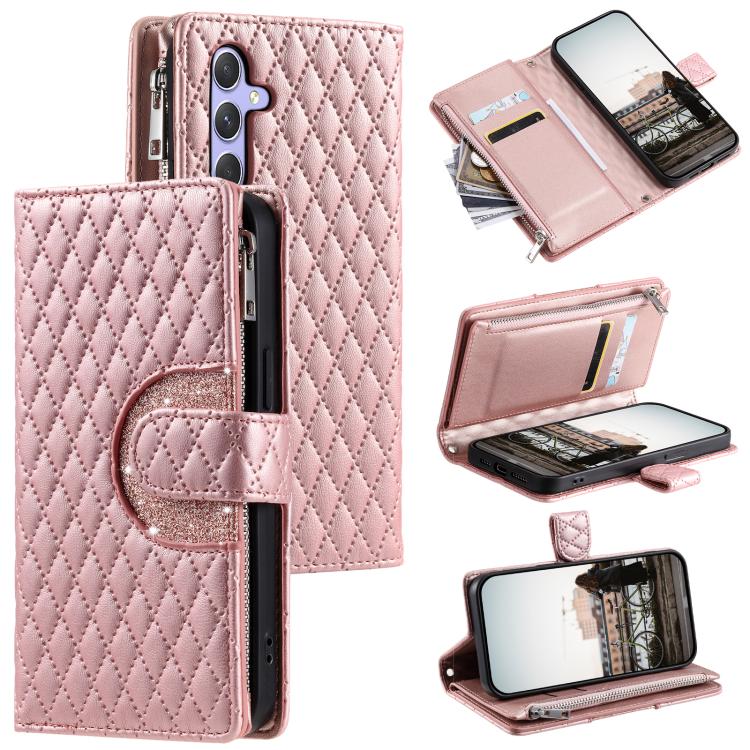 For Samsung Galaxy S26 5G Glitter Lattice Zipper Wallet Leather Phone Case(Rose Gold)