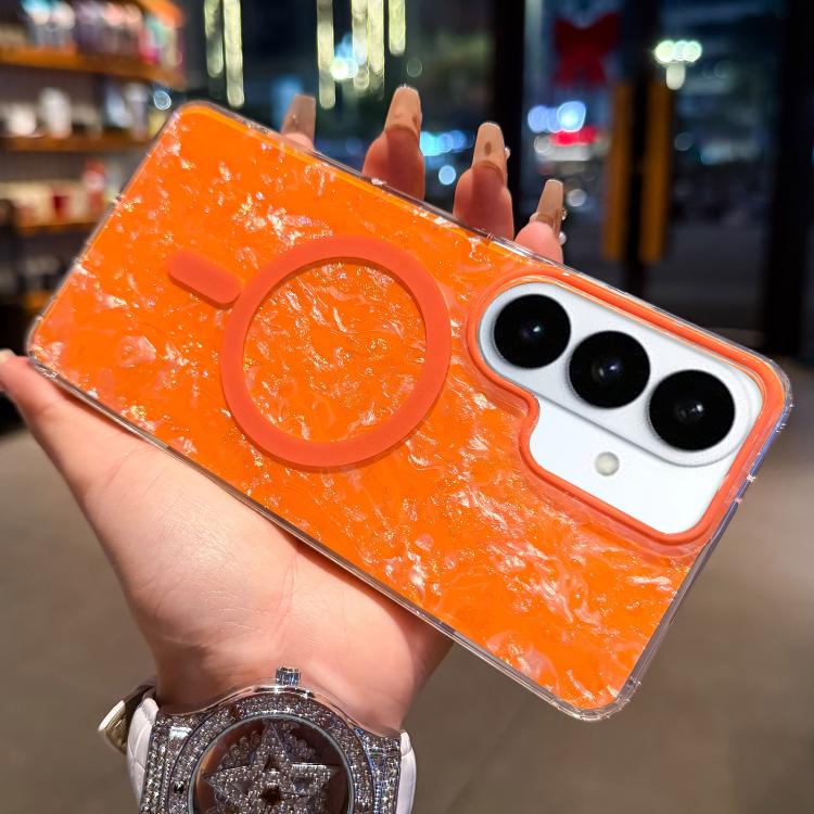 For Samsung Galaxy S26 5G Gold-plated Shell Texture Magnetic Phone Case(Orange)