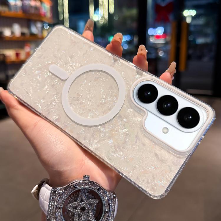 For Samsung Galaxy S26 5G Gold-plated Shell Texture Magnetic Phone Case(White)