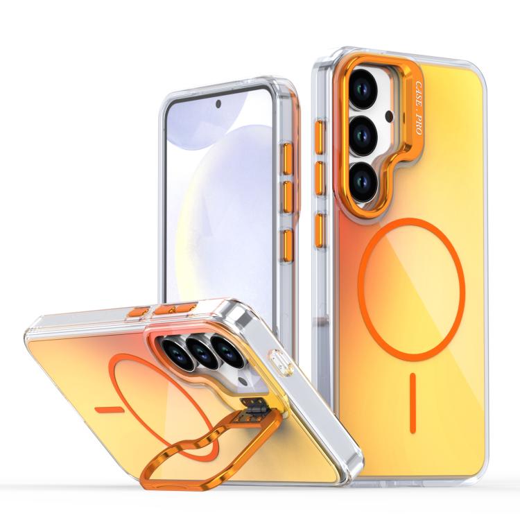 For Samsung Galaxy S26 5G Gradient Discolor Lens Kickstand Magsafe Phone Case(Orange)