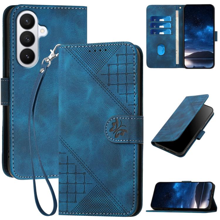 For Samsung Galaxy S26 5G Grid Butterfly Embossed Pattern Leather Phone Case with Lanyard(Dark Blue)