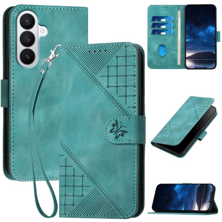 For Samsung Galaxy S26 5G Grid Butterfly Embossed Pattern Leather Phone Case with Lanyard(Light Blue)