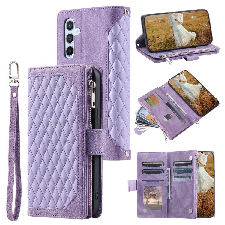 For Samsung Galaxy S26 5G Grid Texture Zipper Leather Phone Case with Lanyard(Purple)