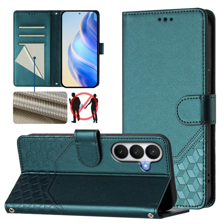 For Samsung Galaxy S26 5G Honeycomb Embossing RFID Leather Phone Case(Peacock Green)