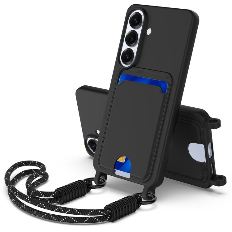 For Samsung Galaxy S26 5G Integrated Card Bag Solid Color Liquid Silicone Phone Case Gen2 with Short Lanyard(Black)