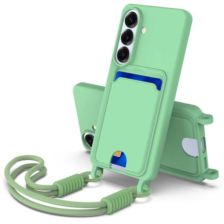 For Samsung Galaxy S26 5G Integrated Card Bag Solid Color Liquid Silicone Phone Case Gen2 with Short Lanyard(Green)