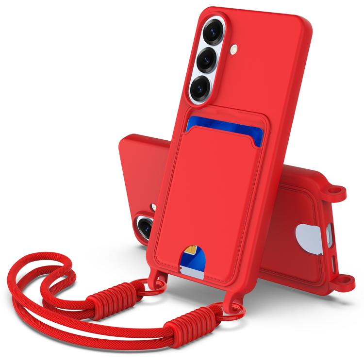For Samsung Galaxy S26 5G Integrated Card Bag Solid Color Liquid Silicone Phone Case Gen2 with Short Lanyard(Red)