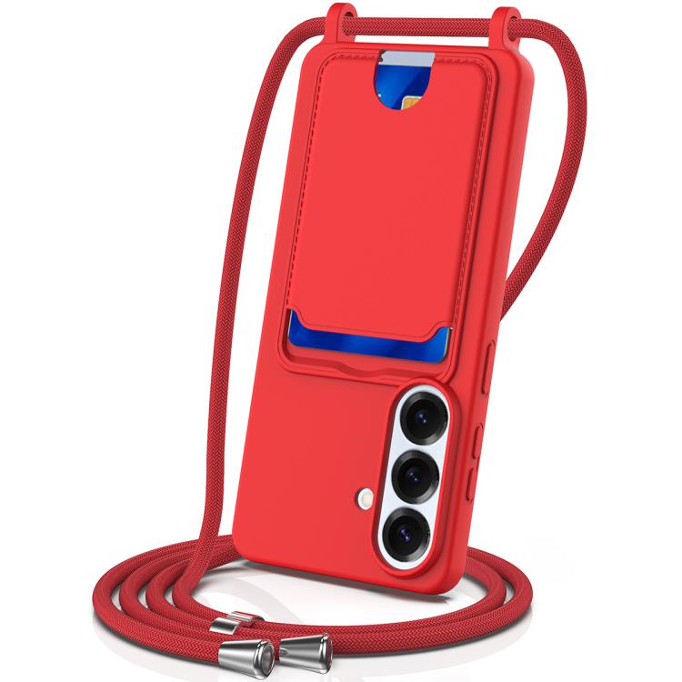 For Samsung Galaxy S26 5G Integrated Card Bag Solid Color Liquid Silicone Phone Case with Lanyard(Red)