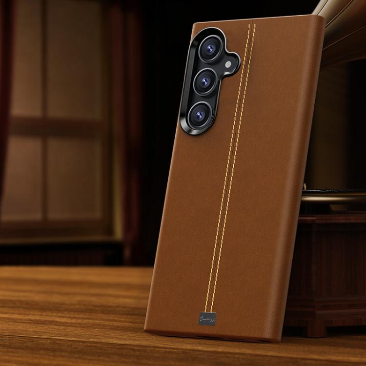 For Samsung Galaxy S26 5G Jazz Series Retro Vegan Leather Textured Metal Frame Magnetic Phone Case(Brown)
