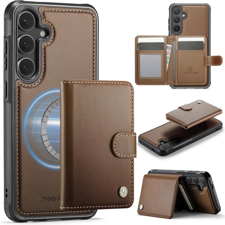 For Samsung Galaxy S26 5G JEEHOOD J09 Buckle Card Bag MagSafe Magnetic Style RFID Leather Phone Case(Brown)