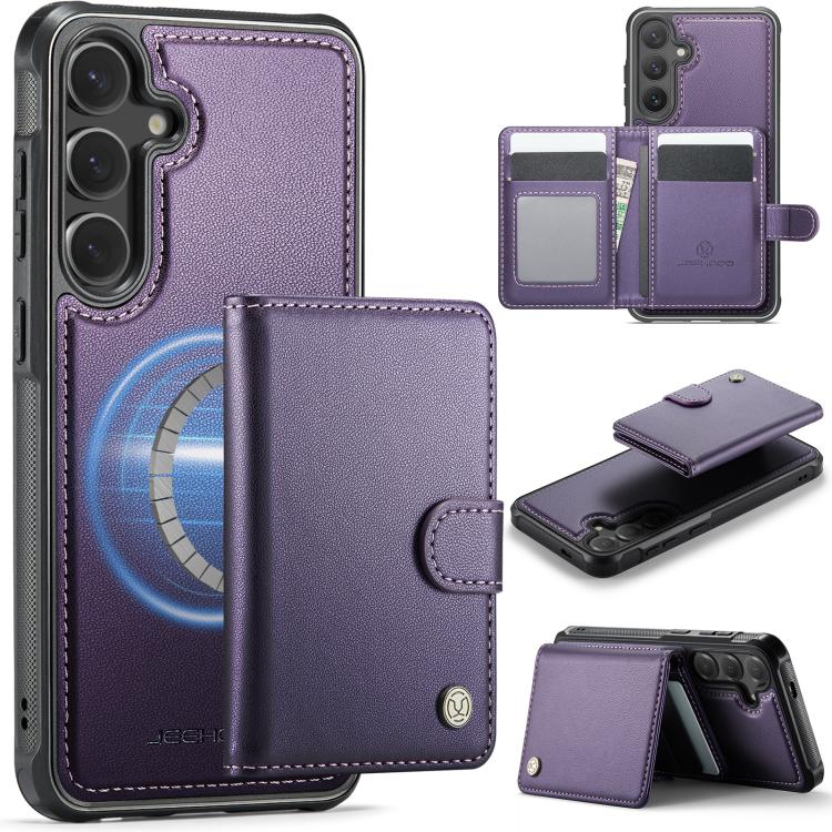 For Samsung Galaxy S26 5G JEEHOOD J09 Buckle Card Bag MagSafe Magnetic Style RFID Leather Phone Case(Purple)