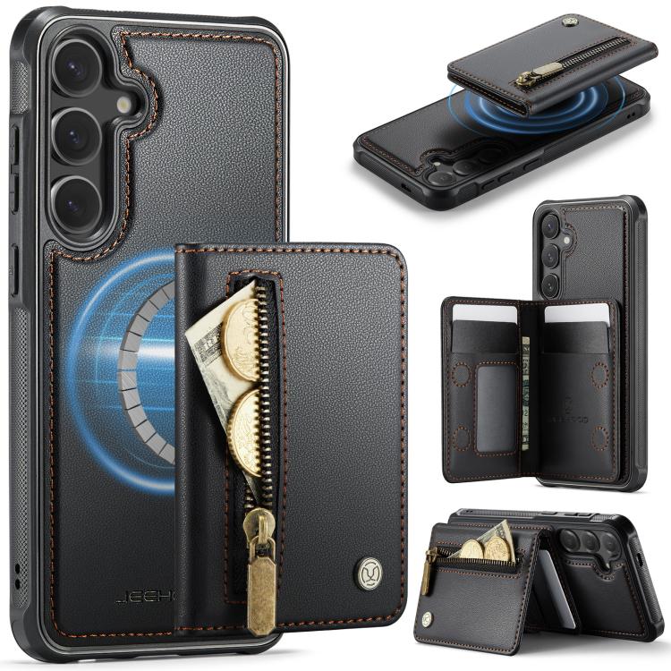 For Samsung Galaxy S26 5G JEEHOOD J12 Exquisite RFID MagSafe Zipper Card Bag Phone Case(Black)