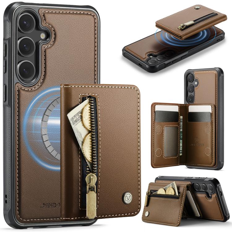 For Samsung Galaxy S26 5G JEEHOOD J12 Exquisite RFID MagSafe Zipper Card Bag Phone Case(Brown)
