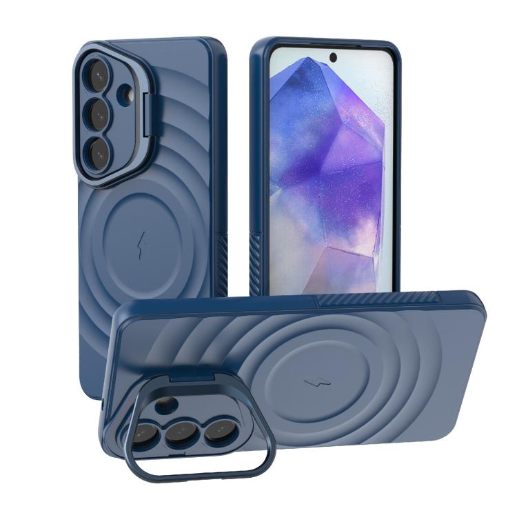 For Samsung Galaxy S26 5G Lens Frame Bracket Corrugated MagSafe Phone Case(Dark Blue)