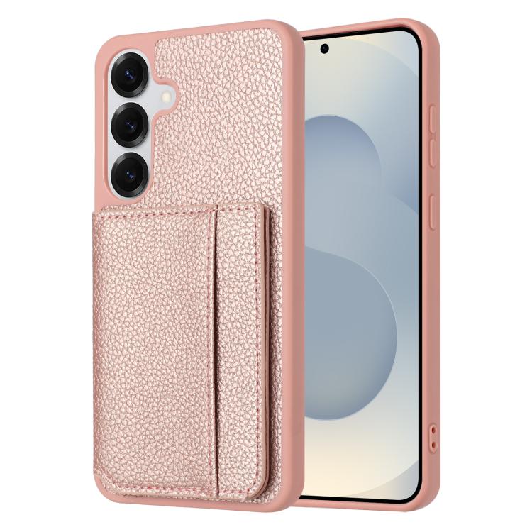 For Samsung Galaxy S26 5G Litchi Pattern Magnetic Card Bag Holder Phone Case(Rose Gold)