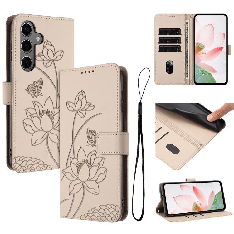 For Samsung Galaxy S26 5G Lotus Embossed Leather Phone Case with Lanyard(Beige)