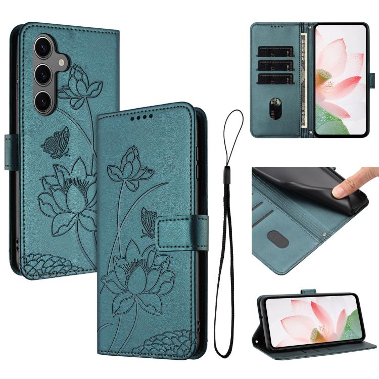 For Samsung Galaxy S26 5G Lotus Embossed Leather Phone Case with Lanyard(Dark Green)
