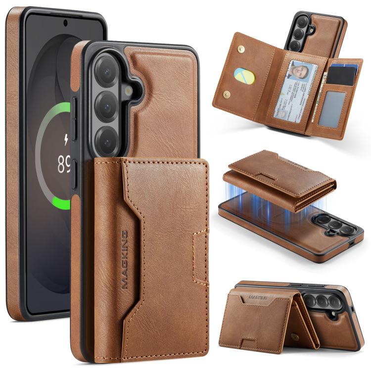 For Samsung Galaxy S26 5G MAGKING K4 Series MagSafe RFID Tri-fold Card Bag Detachable Phone Case(Brown)