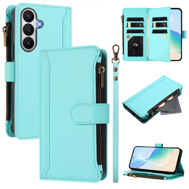 For Samsung Galaxy S26 5G Magnetic Closure 9 Card Slots Zipper Leather Case with Hand Strap(Mint Green)