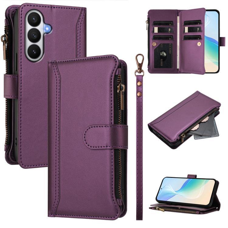 For Samsung Galaxy S26 5G Magnetic Closure 9 Card Slots Zipper Leather Case with Hand Strap(Purple)