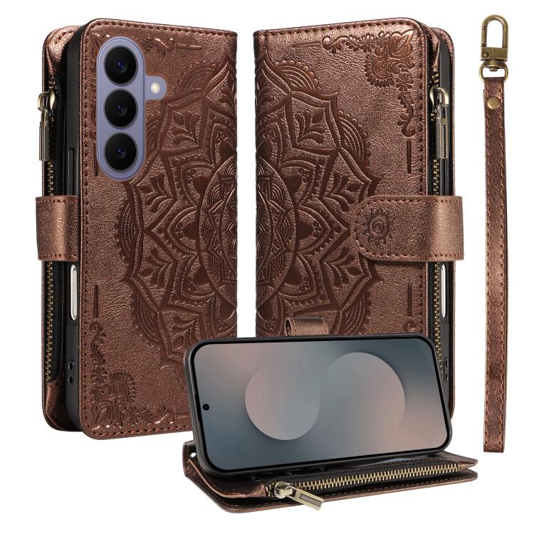 For Samsung Galaxy S26 5G Mandala Embossed 9-Card Zipper RFID Vegan Leather Phone Case with Short Lanyard(Brown)