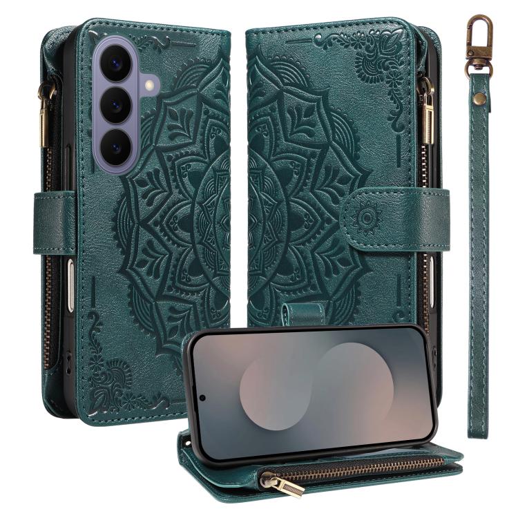 For Samsung Galaxy S26 5G Mandala Embossed 9-Card Zipper RFID Vegan Leather Phone Case with Short Lanyard(Green)