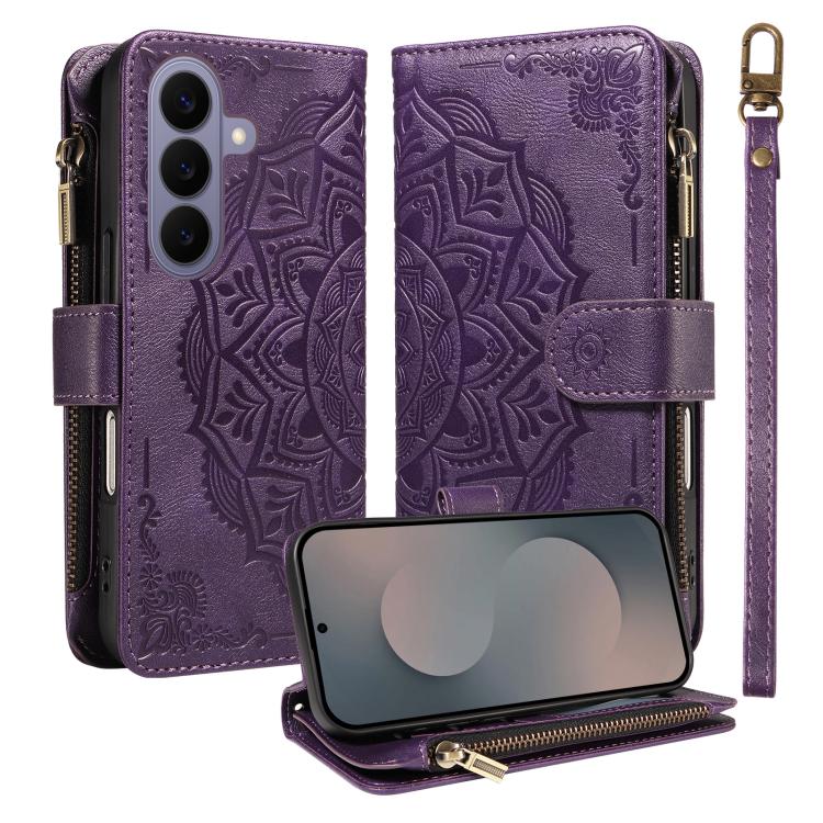 For Samsung Galaxy S26 5G Mandala Embossed 9-Card Zipper RFID Vegan Leather Phone Case with Short Lanyard(Purple)