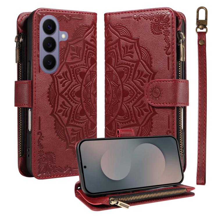 For Samsung Galaxy S26 5G Mandala Embossed 9-Card Zipper RFID Vegan Leather Phone Case with Short Lanyard(Wine Red)