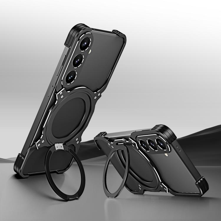 For Samsung Galaxy S26 5G Mechanical Arm Borderless MagSafe Holder Metal Phone Case(Black Silver)