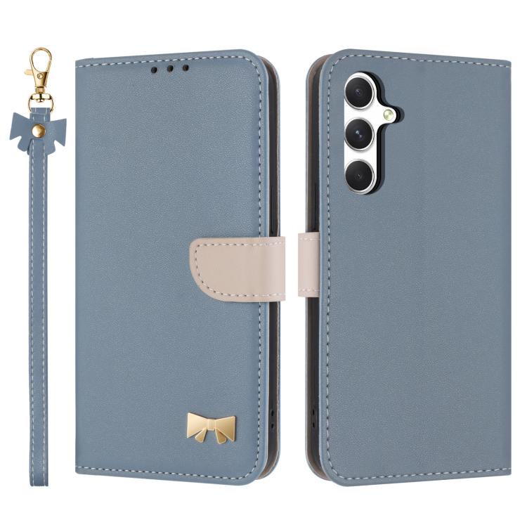 For Samsung Galaxy S26 5G Metal Bow Leather Phone Case with Hand Strap(Light Blue)