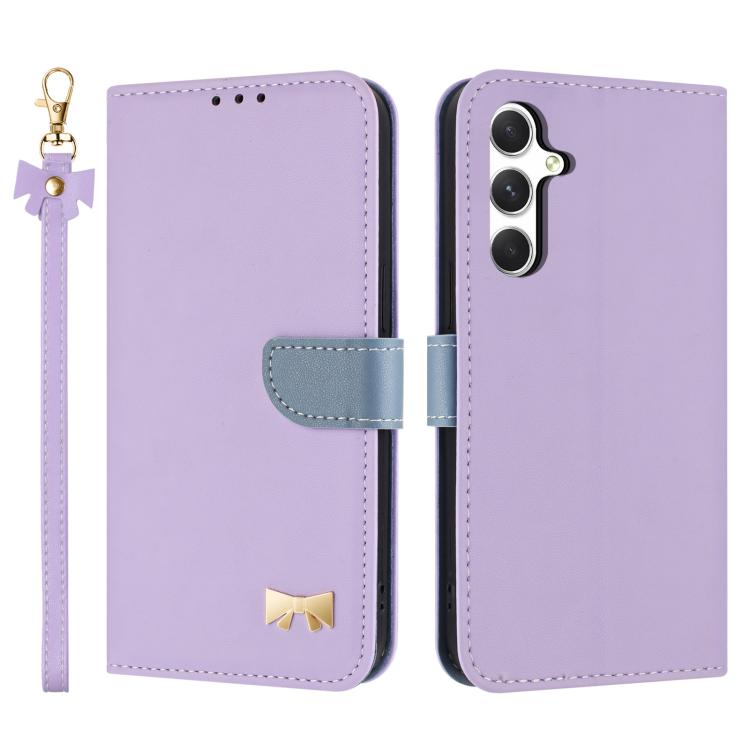 For Samsung Galaxy S26 5G Metal Bow Leather Phone Case with Hand Strap(Purple)