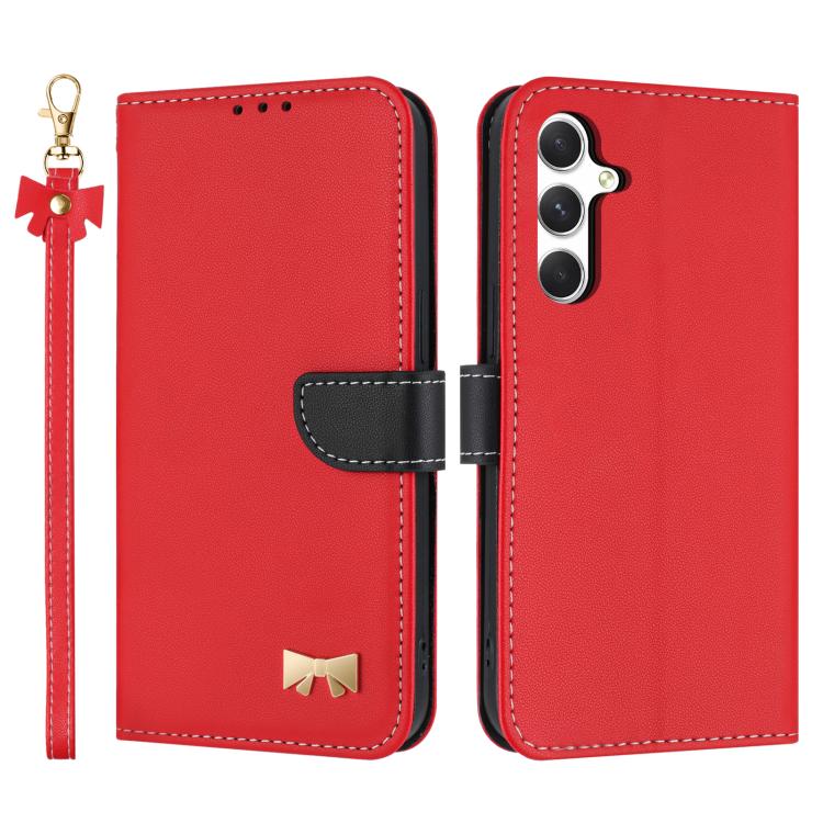 For Samsung Galaxy S26 5G Metal Bow Leather Phone Case with Hand Strap(Red)