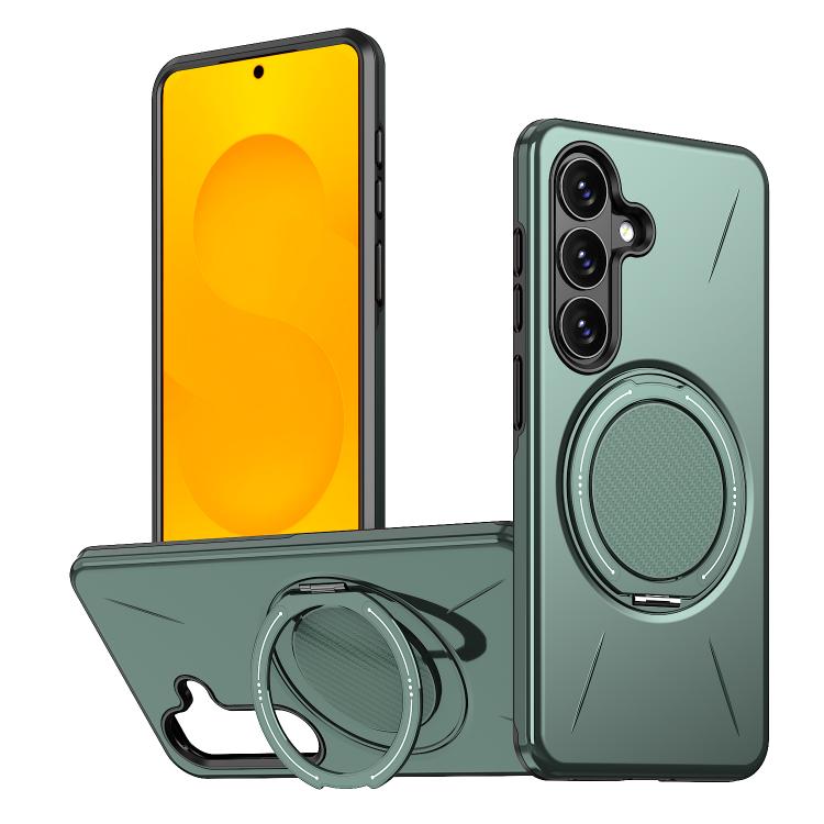 For Samsung Galaxy S26 5G Metal Rotation Holder MagSafe TPU Hybrid PC Phone Case(Grey Green)