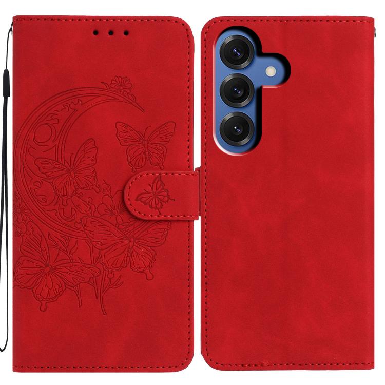 For Samsung Galaxy S26 5G Moonlit Butterfly Dance Pattern Embossed Leather Phone Case(Red)
