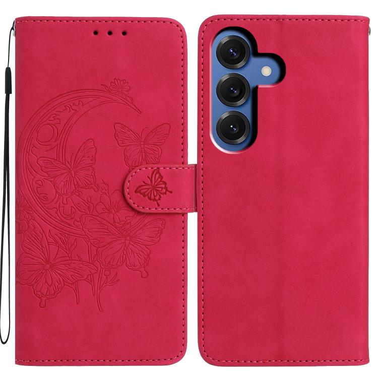 For Samsung Galaxy S26 5G Moonlit Butterfly Dance Pattern Embossed Leather Phone Case(Rose Red)