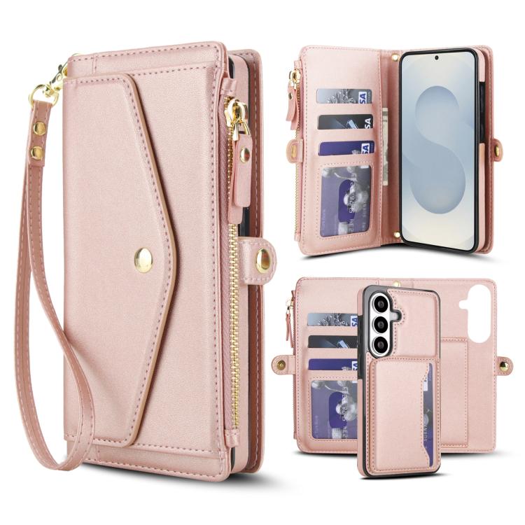 For Samsung Galaxy S26 5G Multifunctional Wallet Detachable Leather Phone Case with Lanyard(Rose Gold)