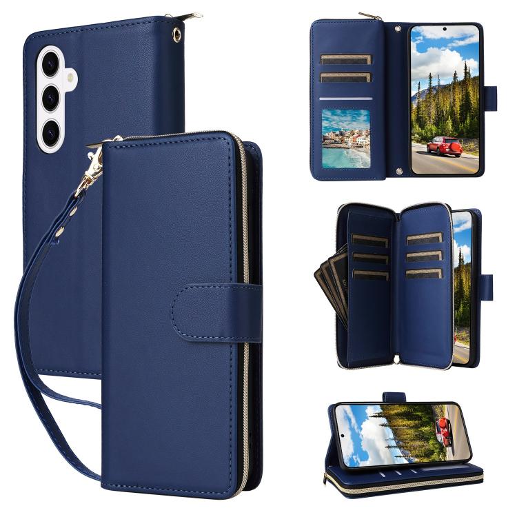 For Samsung Galaxy S26 5G Nine-card Slots Zipper Wallet Bag Leather Phone Case(Blue)