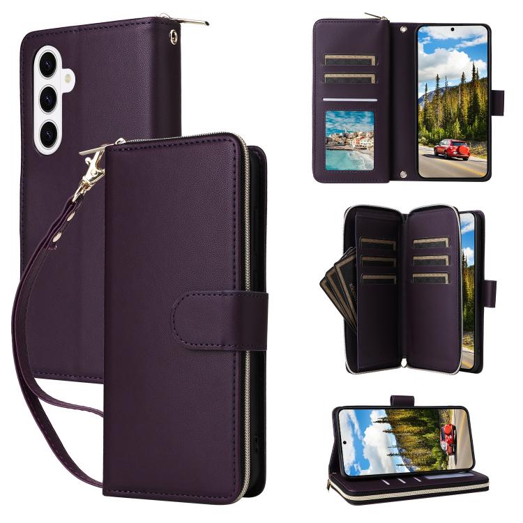 For Samsung Galaxy S26 5G Nine-card Slots Zipper Wallet Bag Leather Phone Case(Dark Purple)