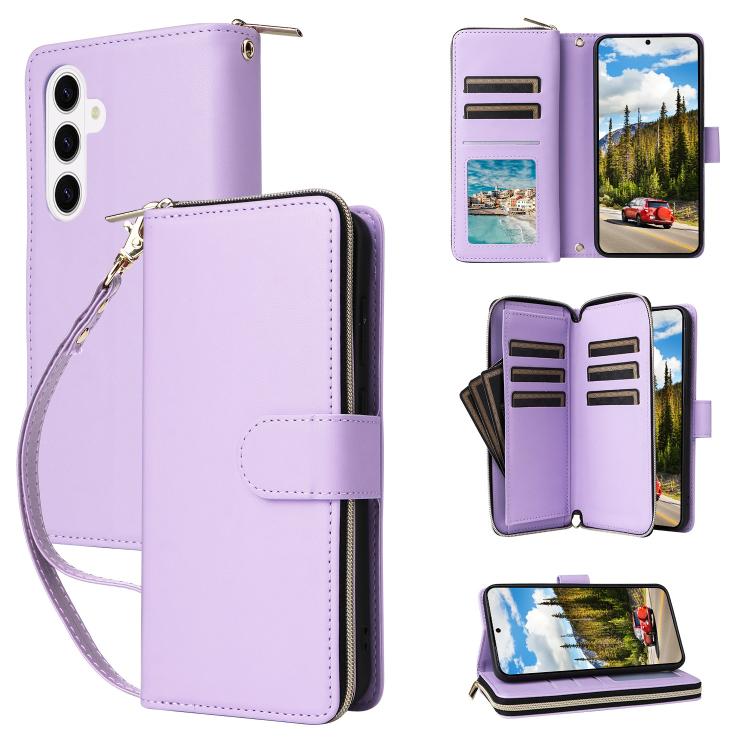 For Samsung Galaxy S26 5G Nine-card Slots Zipper Wallet Bag Leather Phone Case(Purple)