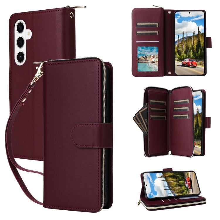 For Samsung Galaxy S26 5G Nine-card Slots Zipper Wallet Bag Leather Phone Case(Wine Red)
