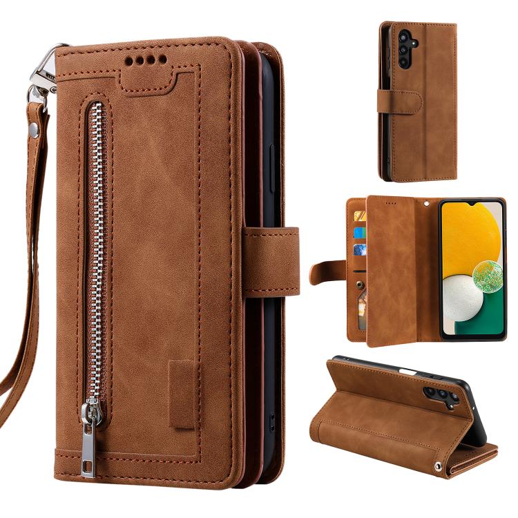 For Samsung Galaxy S26 5G Nine Card Zipper Bag Leather Phone Case with Lanyard(Brown)