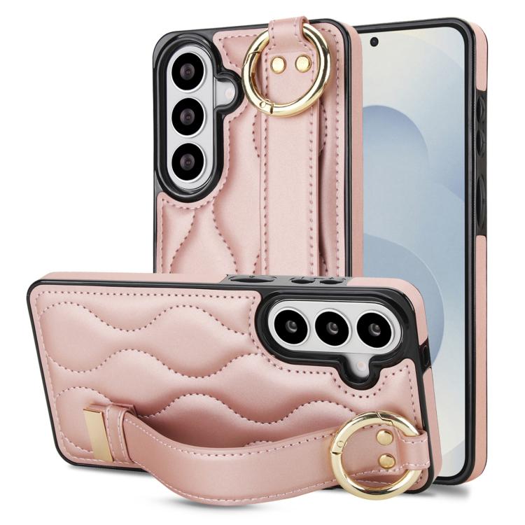 For Samsung Galaxy S26 5G Non-slip Full Coverage Ring PU Phone Case with Wristband(Rose Gold)