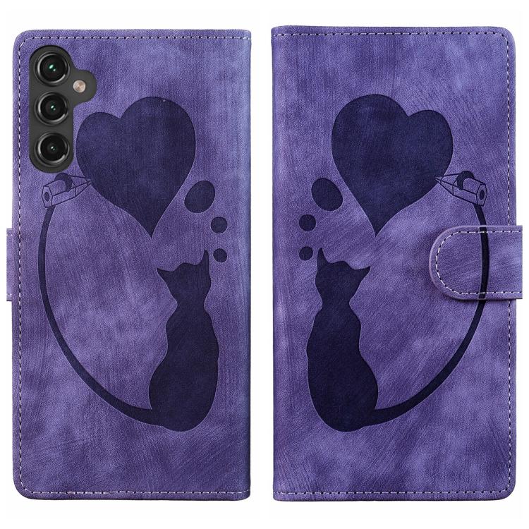 For Samsung Galaxy S26 5G Pen Heart Cat Embossed Leather Phone Case(Purple)