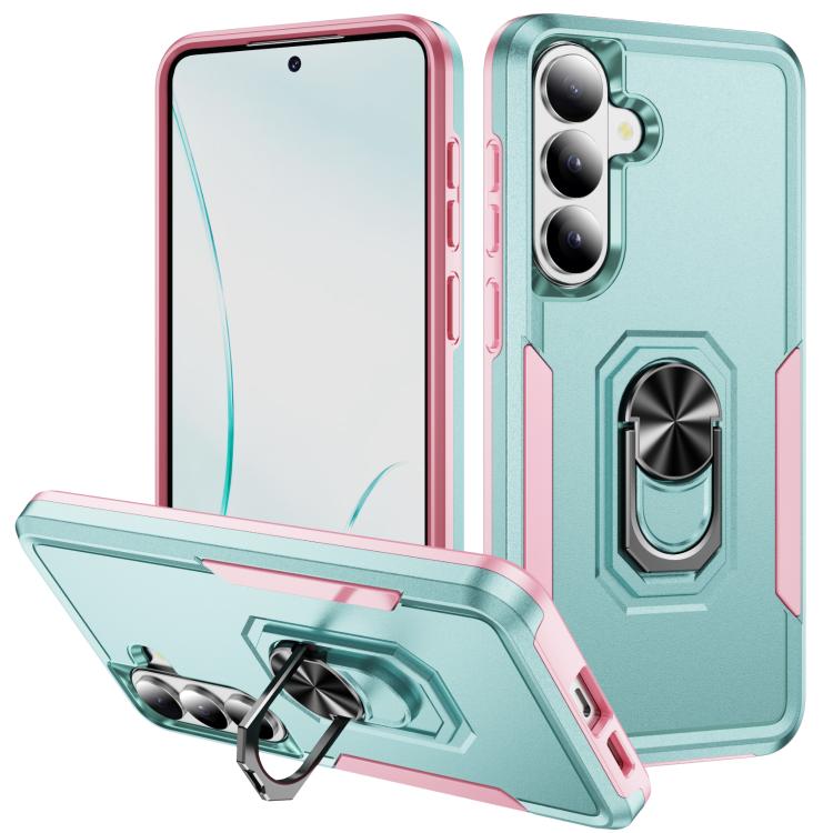 For Samsung Galaxy S26 5G Pioneer Armor Heavy Duty PC Hybrid TPU Phone Case with Holder(Green+Pink)